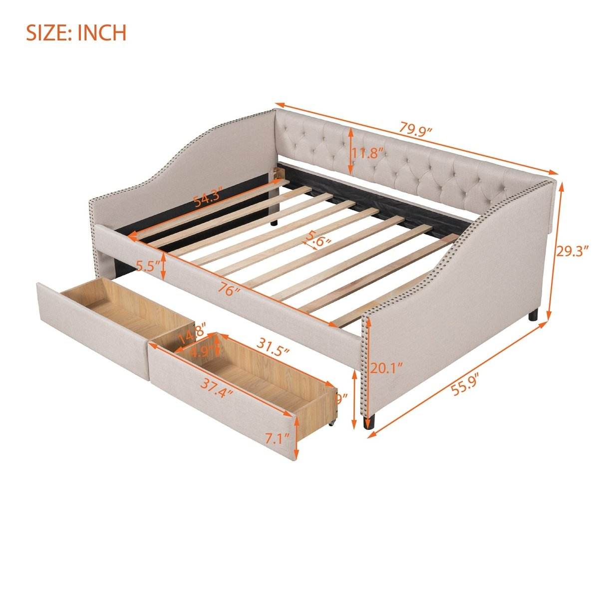 Upholstered Beige Daybed With Two Storage Drawers - Sleep Galleria