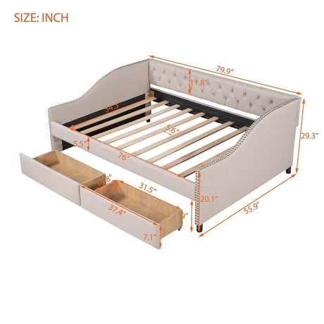 Upholstered Beige Daybed With Two Storage Drawers - Sleep Galleria
