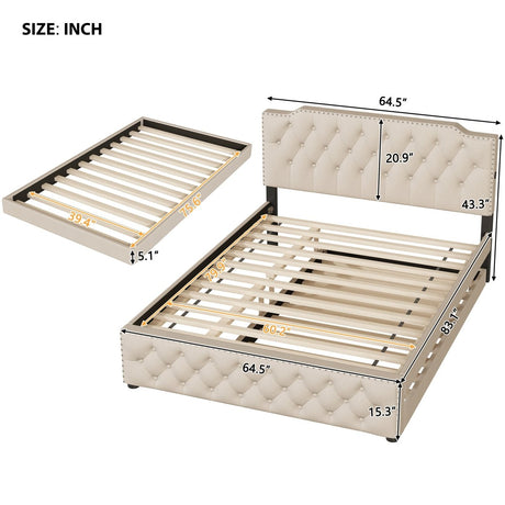 Upholstered Linen Platform Bed With Twin Trundle And USB Ports - Veluna - Sleep Galleria