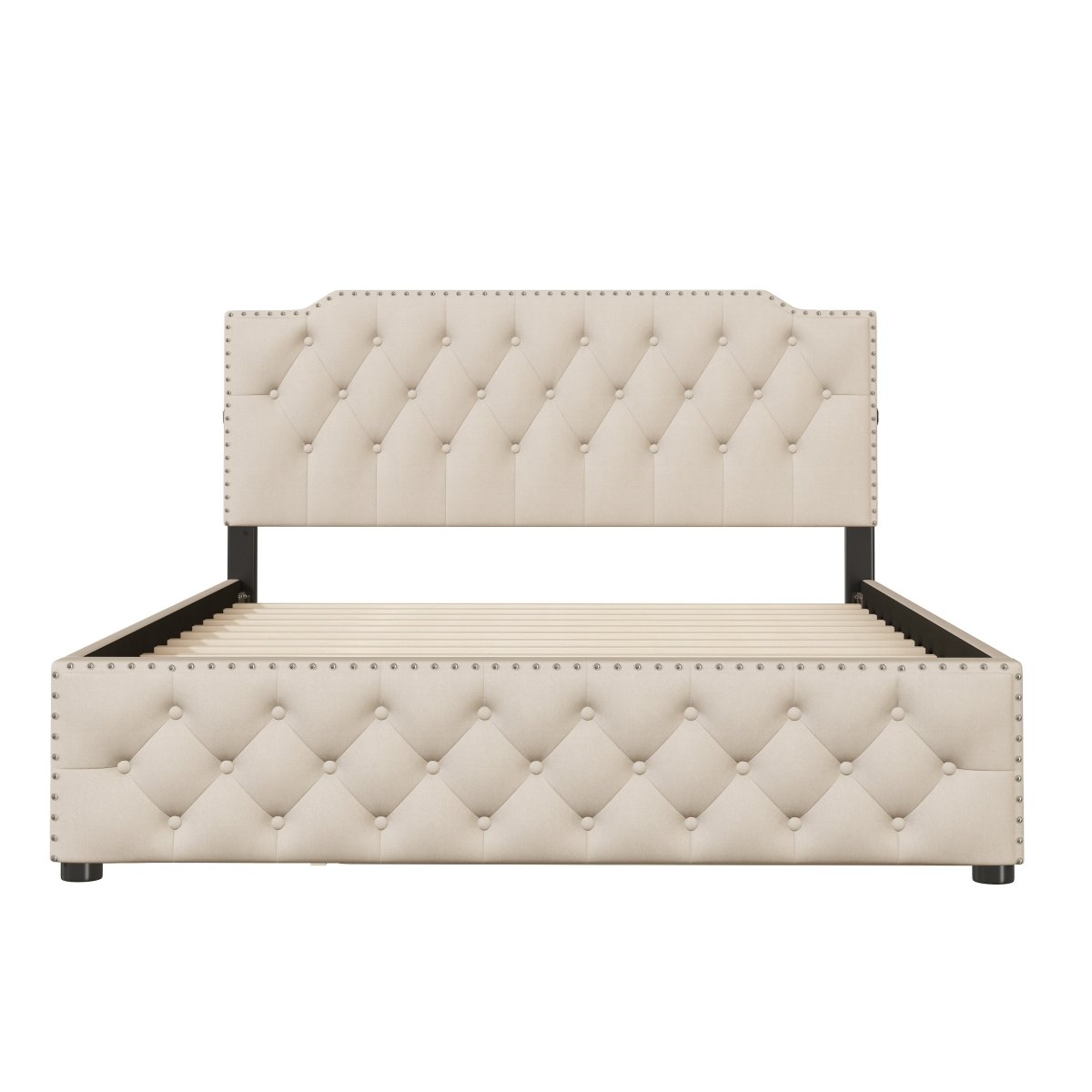 Upholstered Linen Platform Bed With Twin Trundle And USB Ports - Veluna - Sleep Galleria