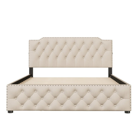 Upholstered Linen Platform Bed With Twin Trundle And USB Ports - Veluna - Sleep Galleria