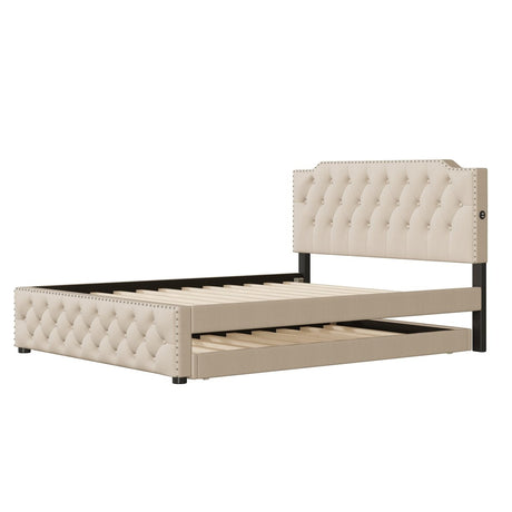 Upholstered Linen Platform Bed With Twin Trundle And USB Ports - Veluna - Sleep Galleria