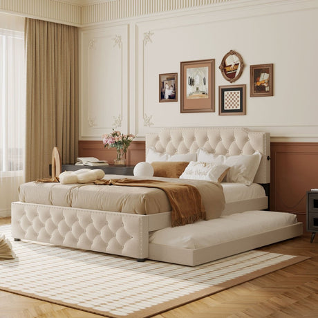 Upholstered Linen Platform Bed With Twin Trundle And USB Ports - Veluna - Sleep Galleria