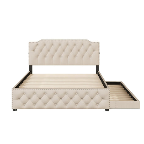 Upholstered Linen Platform Bed With Twin Trundle And USB Ports - Veluna - Sleep Galleria