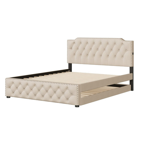 Upholstered Linen Platform Bed With Twin Trundle And USB Ports - Veluna - Sleep Galleria