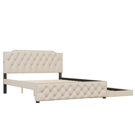Upholstered Linen Platform Bed With Twin Trundle And USB Ports - Veluna - Sleep Galleria