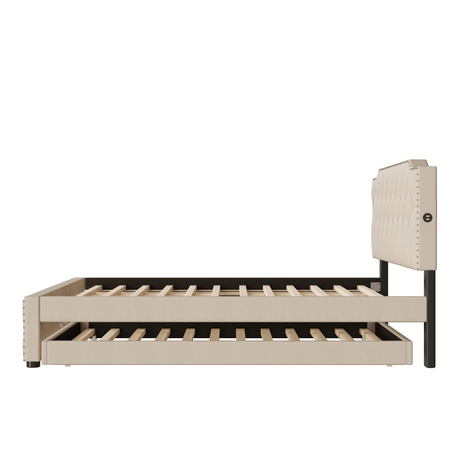 Upholstered Linen Platform Bed With Twin Trundle And USB Ports - Veluna - Sleep Galleria