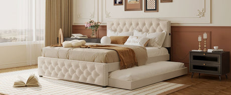 Upholstered Linen Platform Bed With Twin Trundle And USB Ports - Veluna - Sleep Galleria