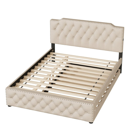 Upholstered Linen Platform Bed With Twin Trundle And USB Ports - Veluna - Sleep Galleria