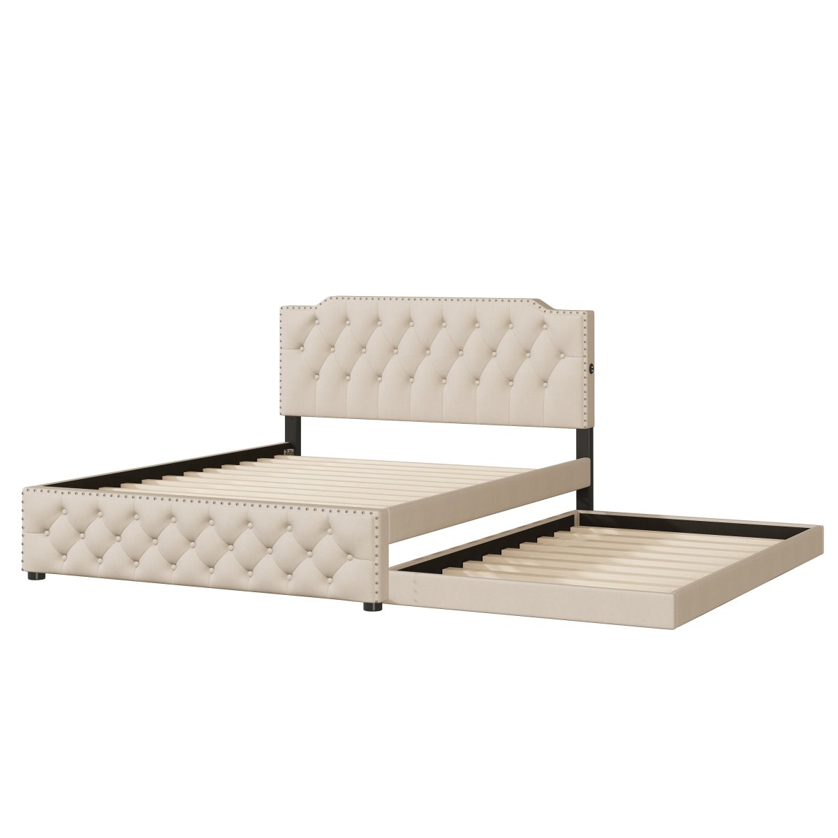 Upholstered Linen Platform Bed With Twin Trundle And USB Ports - Veluna - Sleep Galleria