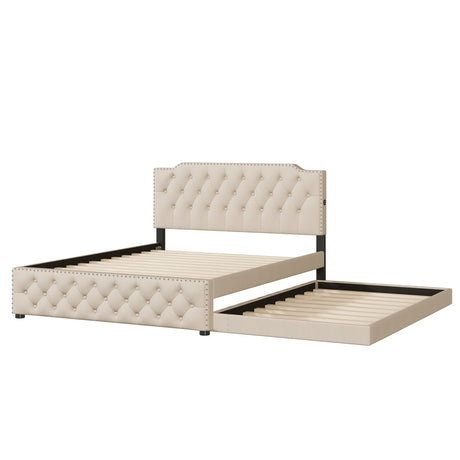 Upholstered Linen Platform Bed With Twin Trundle And USB Ports - Veluna - Sleep Galleria