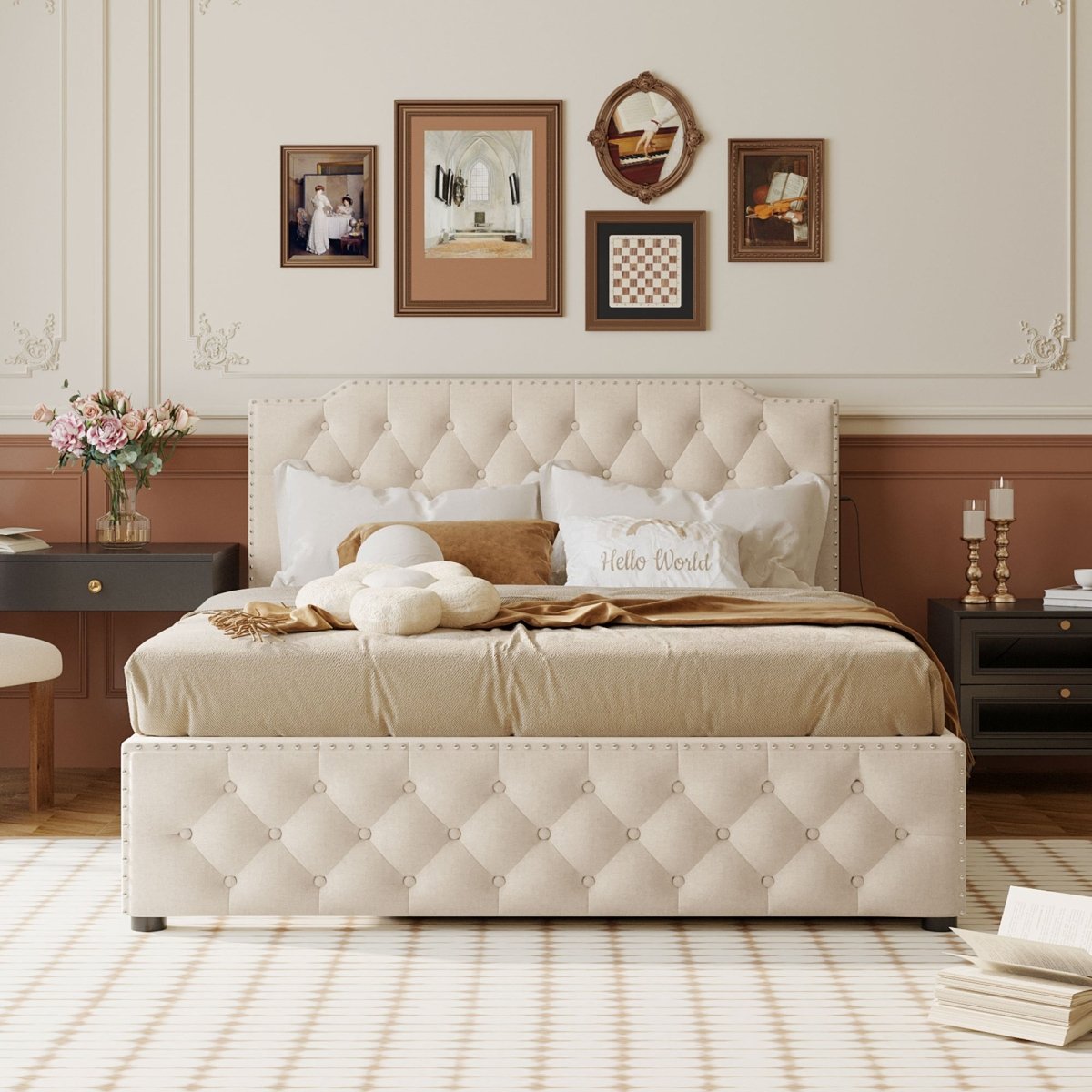 Upholstered Linen Platform Bed With Twin Trundle And USB Ports - Veluna - Sleep Galleria