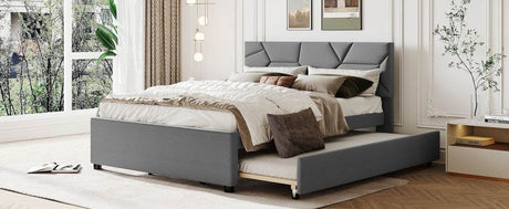 Upholstered Platform Bed With Brick Pattern Headboard And Trundle - Veluna - Sleep Galleria
