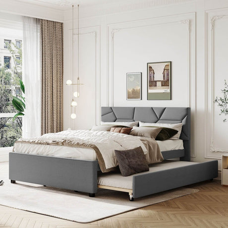 Upholstered Platform Bed With Brick Pattern Headboard And Trundle - Veluna - Sleep Galleria