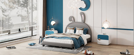 Upholstered PU Leather Platform Bed With Rabbit Ornament - Veluna - Sleep Galleria