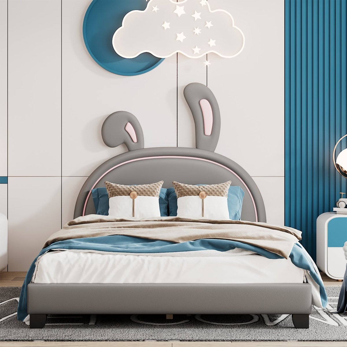 Upholstered PU Leather Platform Bed With Rabbit Ornament - Veluna - Sleep Galleria