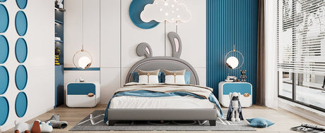 Upholstered PU Leather Platform Bed With Rabbit Ornament - Veluna - Sleep Galleria