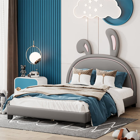 Upholstered PU Leather Platform Bed With Rabbit Ornament - Veluna - Sleep Galleria