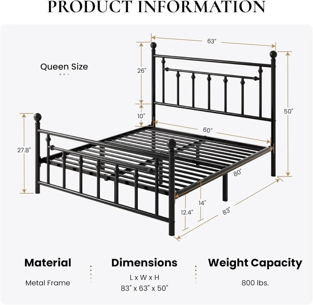 Victorian Metal Platform Bed Frame with Steel Slats - Sleep Galleria