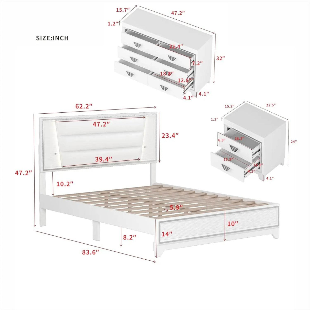 3 - Piece Modern Upholstered Bedroom Furniture Set With LED Lights - XMSJ - Sleep Galleria
