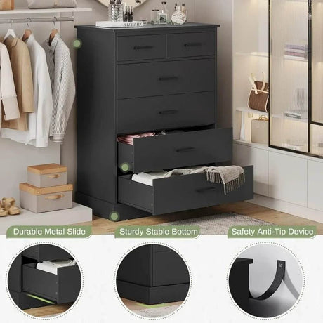 Black 6-Drawer Wood Storage Dresser Chest - Sleep Galleria