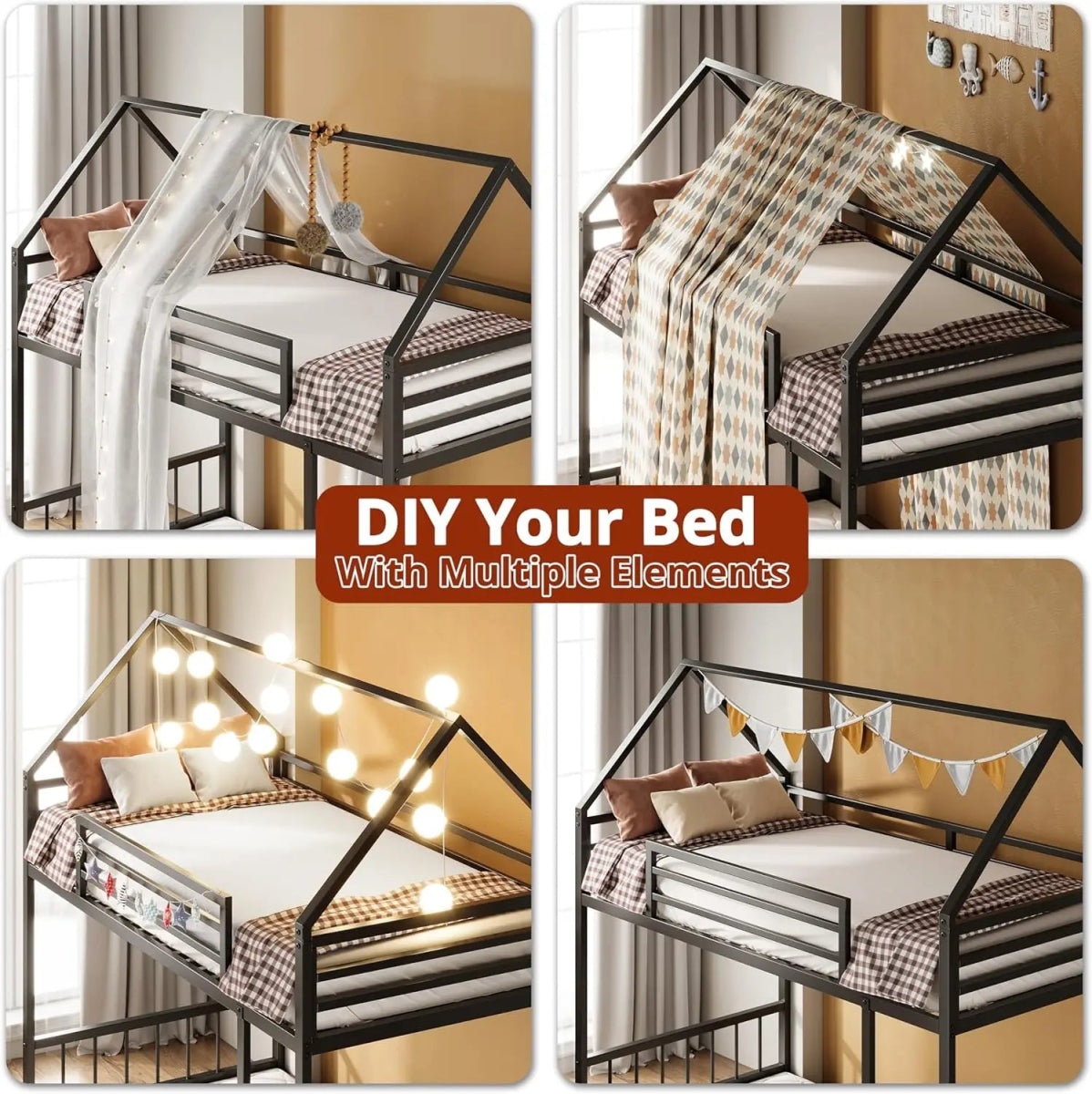 House - Shaped Twin Over Twin Metal Bunk Bed Frame - XMSJ - Sleep Galleria