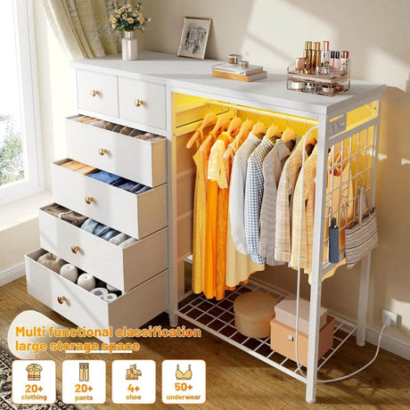 Modern 6-Drawer White Dresser With Hanging Rack And LED Lights - Sleep Galleria