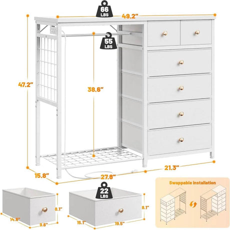 Modern 6-Drawer White Dresser With Hanging Rack And LED Lights - Sleep Galleria