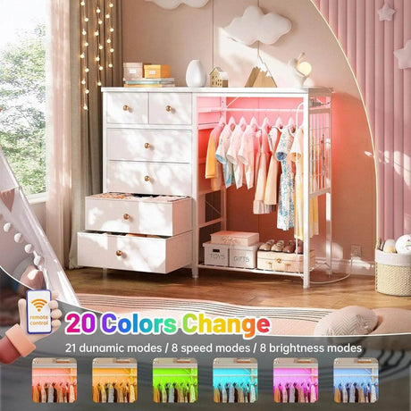 Modern 6-Drawer White Dresser With Hanging Rack And LED Lights - Sleep Galleria