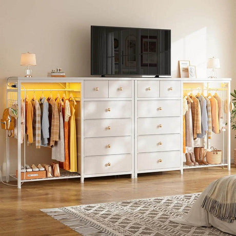 Modern 6-Drawer White Dresser With Hanging Rack And LED Lights - Sleep Galleria
