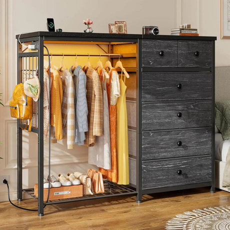 Modern 6-Drawer White Dresser With Hanging Rack And LED Lights - Sleep Galleria