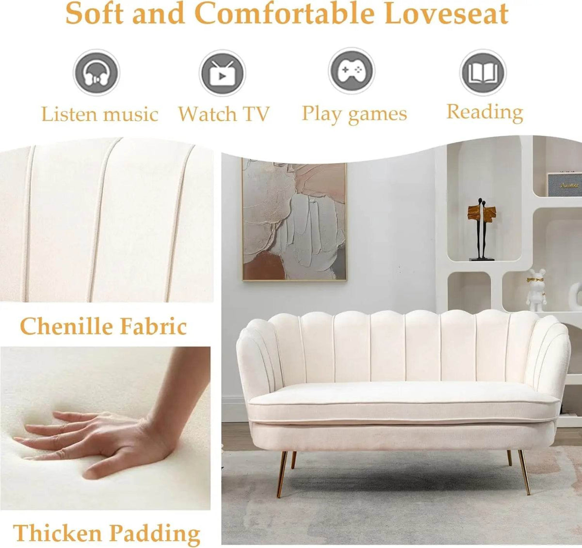 Modern Chenille Small Loveseat Sofa With Gold Legs - Sleep Galleria