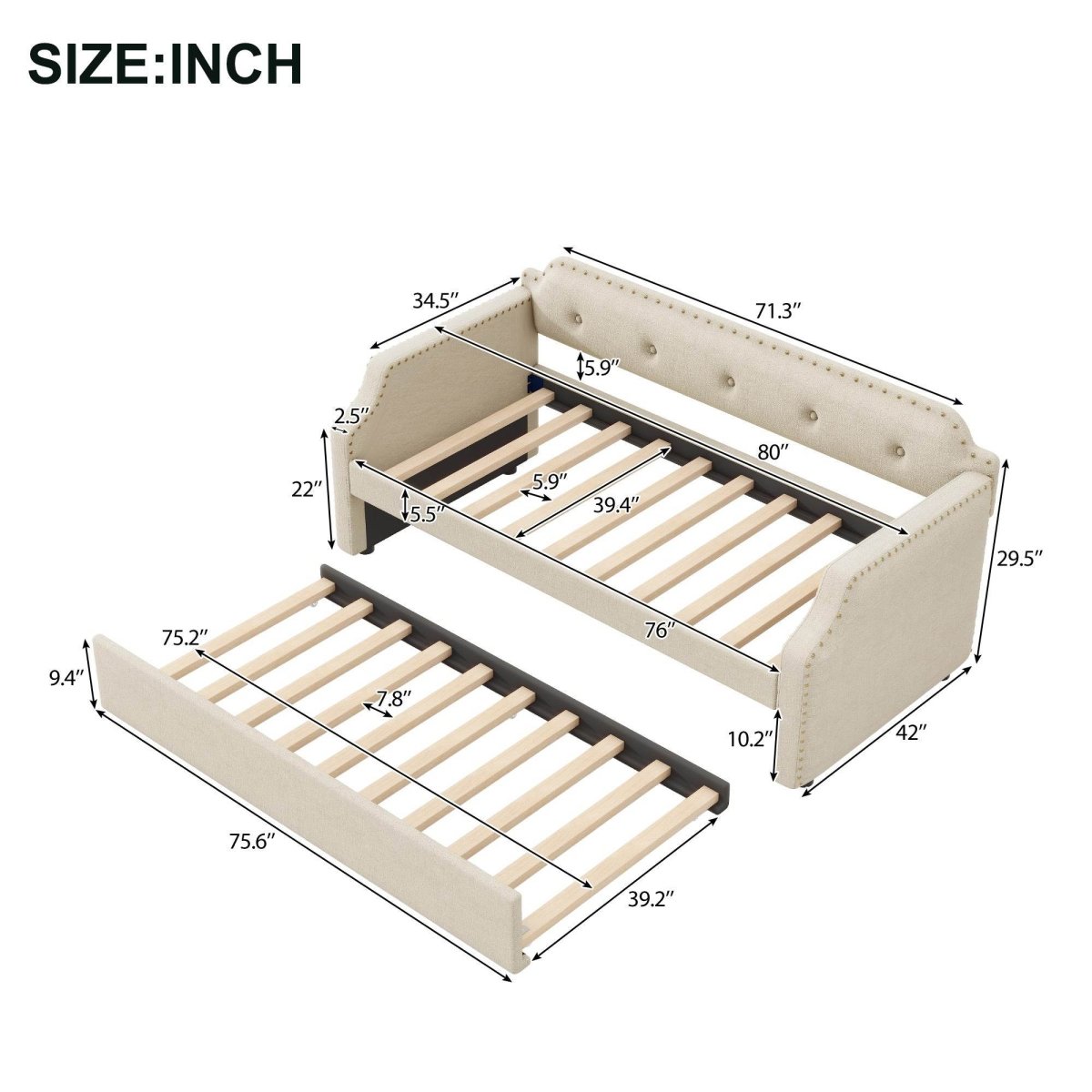 Beige Linen Upholstered Daybed With Trundle - Sleep Galleria