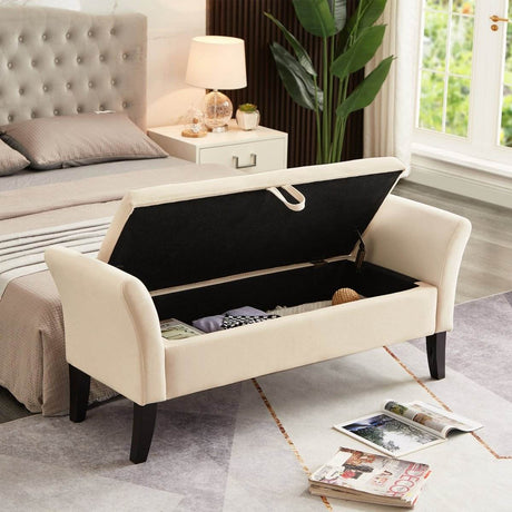 Beige Velvet Storage Bed Bench With Foam Seat - Sleep Galleria
