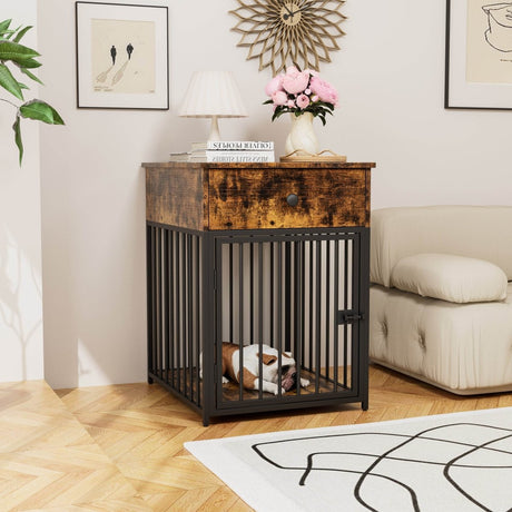 Brown MDF Iron Pet Dog Crate With Drawer Storage - Sleep Galleria