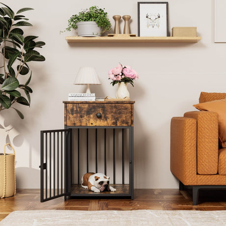 Brown MDF Iron Pet Dog Crate With Drawer Storage - Sleep Galleria