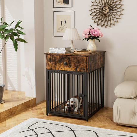 Brown MDF Iron Pet Dog Crate With Drawer Storage - Sleep Galleria