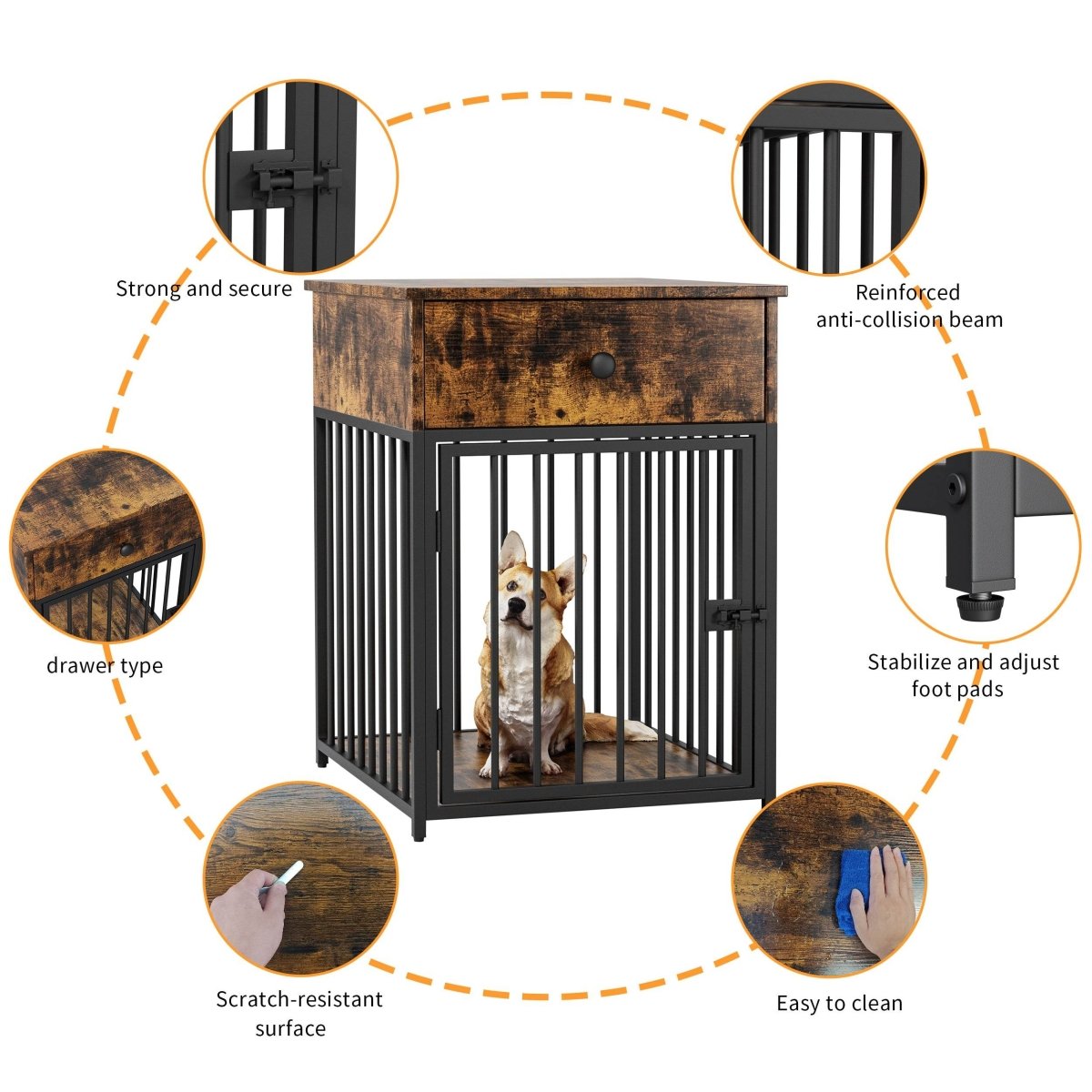 Brown MDF Iron Pet Dog Crate With Drawer Storage - Sleep Galleria