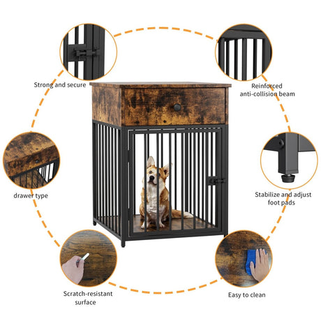 Brown MDF Iron Pet Dog Crate With Drawer Storage - Sleep Galleria