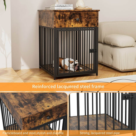 Brown MDF Iron Pet Dog Crate With Drawer Storage - Sleep Galleria