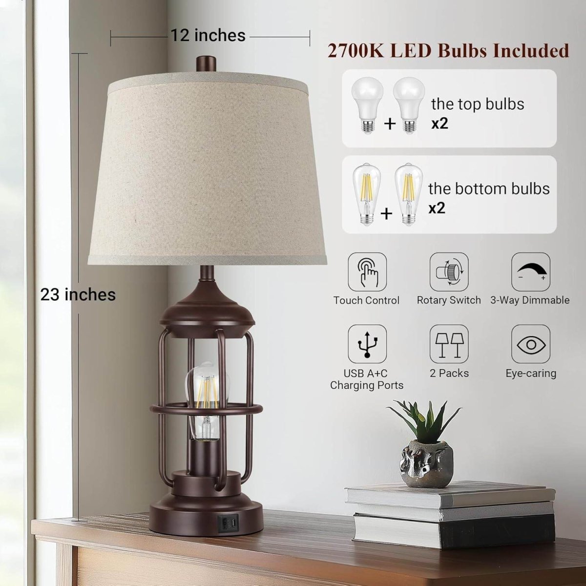 Set of 2 Rustic Farmhouse Touch Control Table Lamps - Sleep Galleria