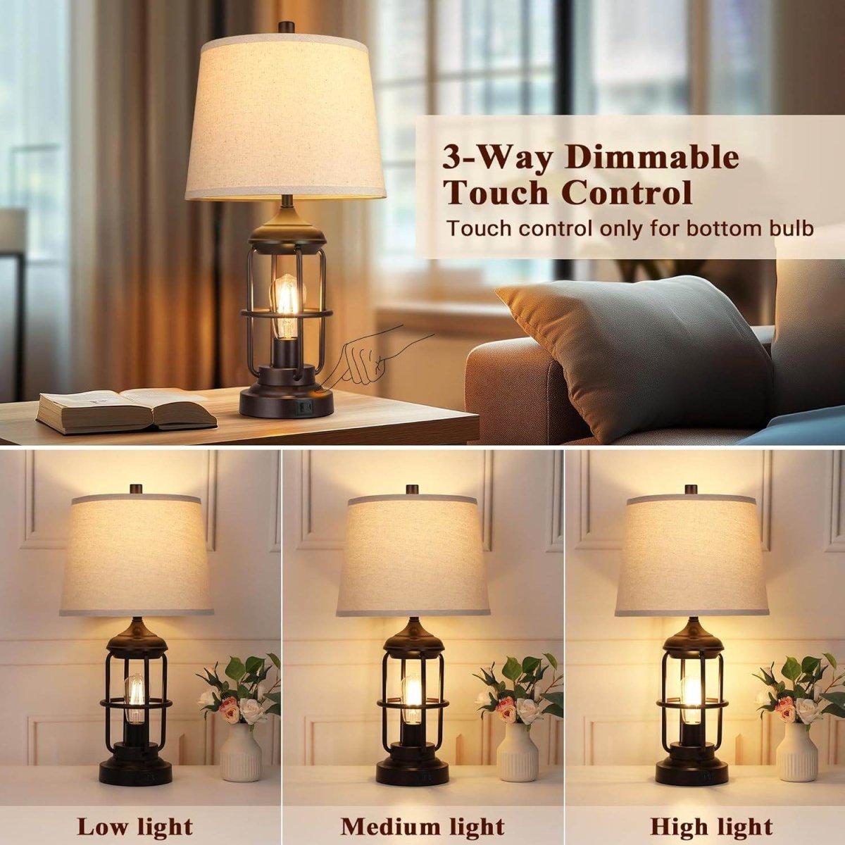 Set of 2 Rustic Farmhouse Touch Control Table Lamps - Sleep Galleria
