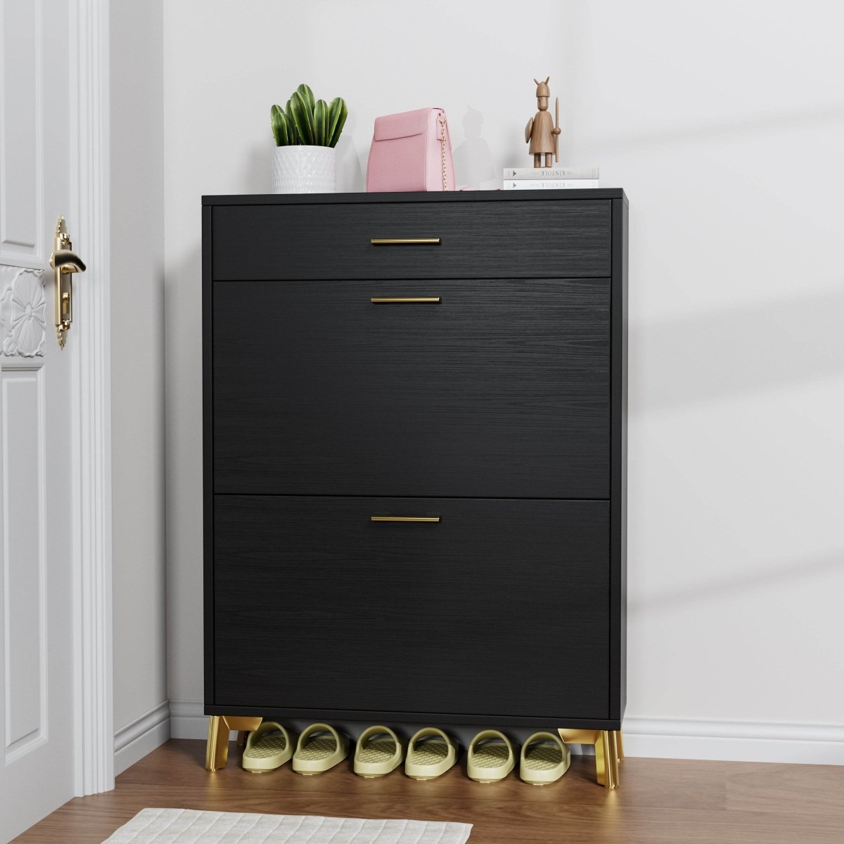 Space - Saving Black MDF Shoe Storage Cabinet With Drawers - Zenvia - Sleep Galleria