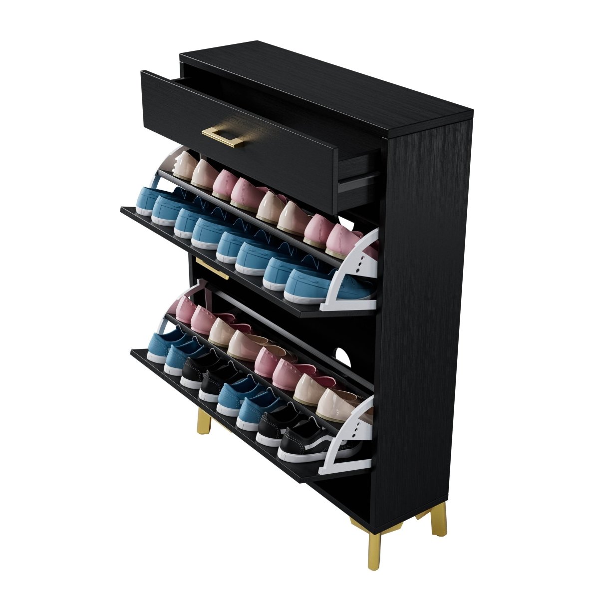 Space - Saving Black MDF Shoe Storage Cabinet With Drawers - Zenvia - Sleep Galleria