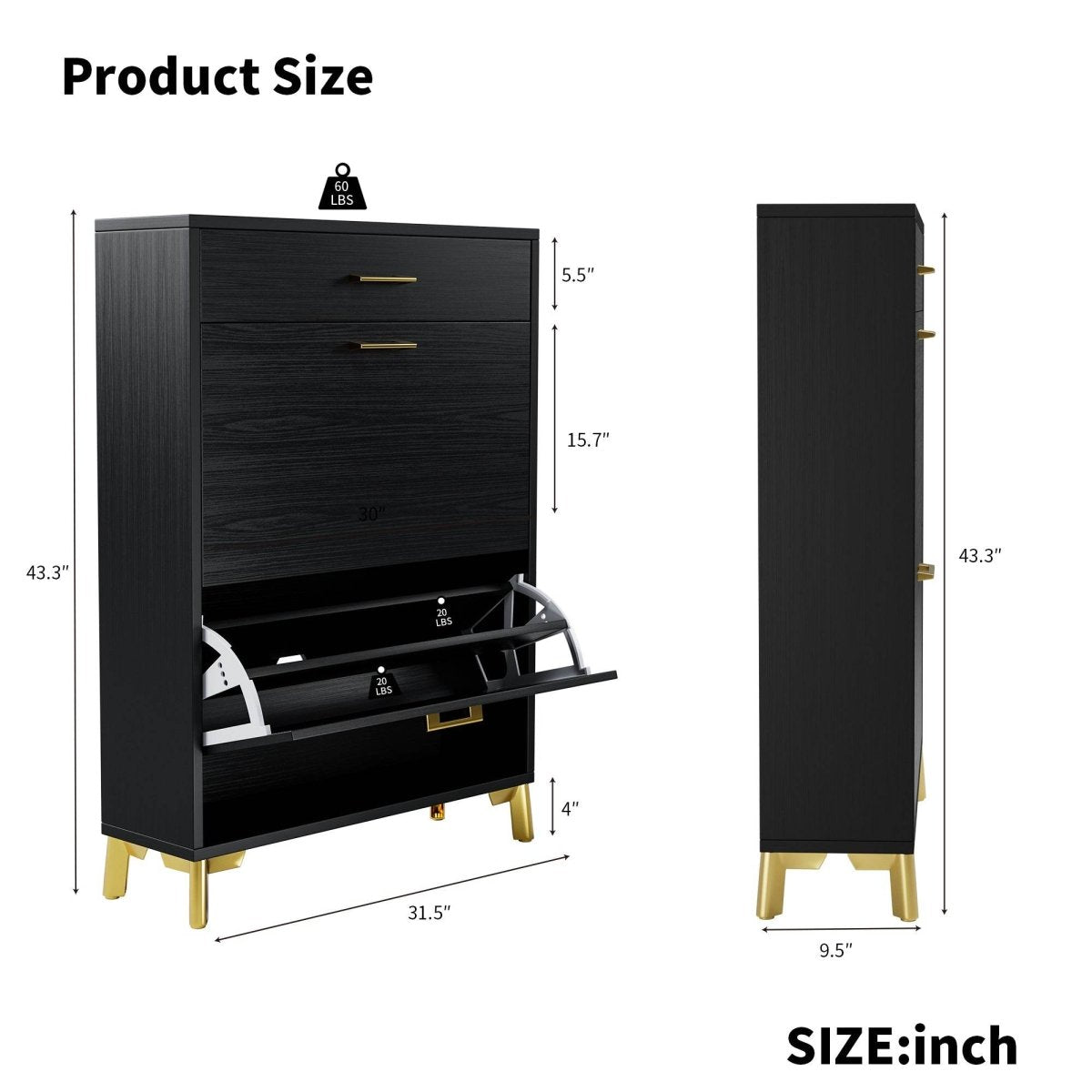 Space - Saving Black MDF Shoe Storage Cabinet With Drawers - Zenvia - Sleep Galleria