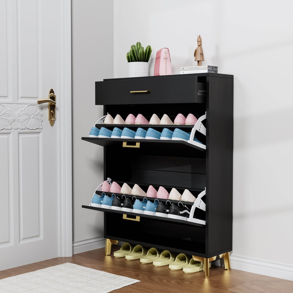 Space - Saving Black MDF Shoe Storage Cabinet With Drawers - Zenvia - Sleep Galleria