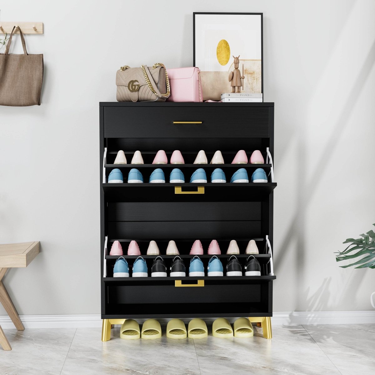 Space - Saving Black MDF Shoe Storage Cabinet With Drawers - Zenvia - Sleep Galleria