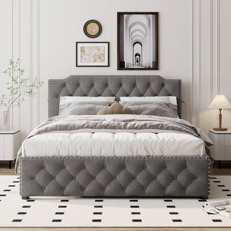 Upholstered Linen Platform Bed With Twin Trundle And USB Ports - Zenvia - Sleep Galleria