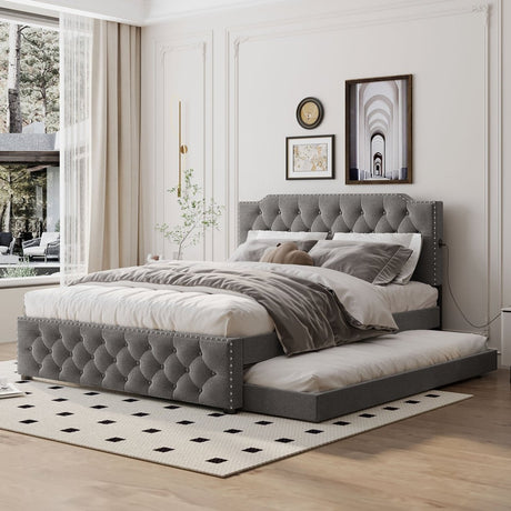 Upholstered Linen Platform Bed With Twin Trundle And USB Ports - Zenvia - Sleep Galleria