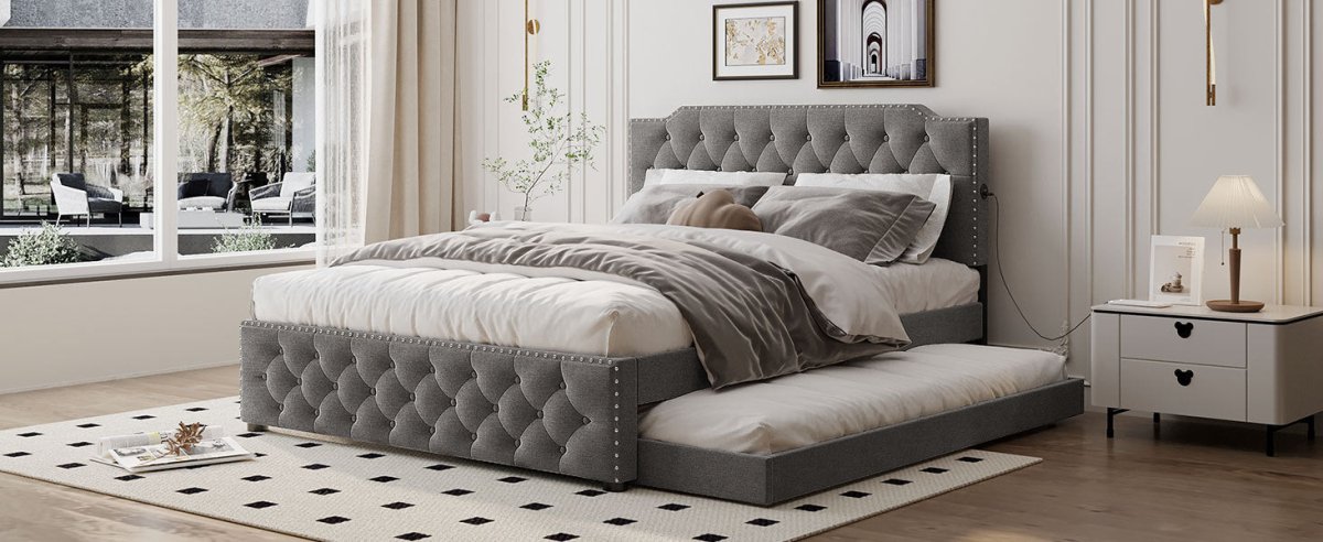 Upholstered Linen Platform Bed With Twin Trundle And USB Ports - Zenvia - Sleep Galleria